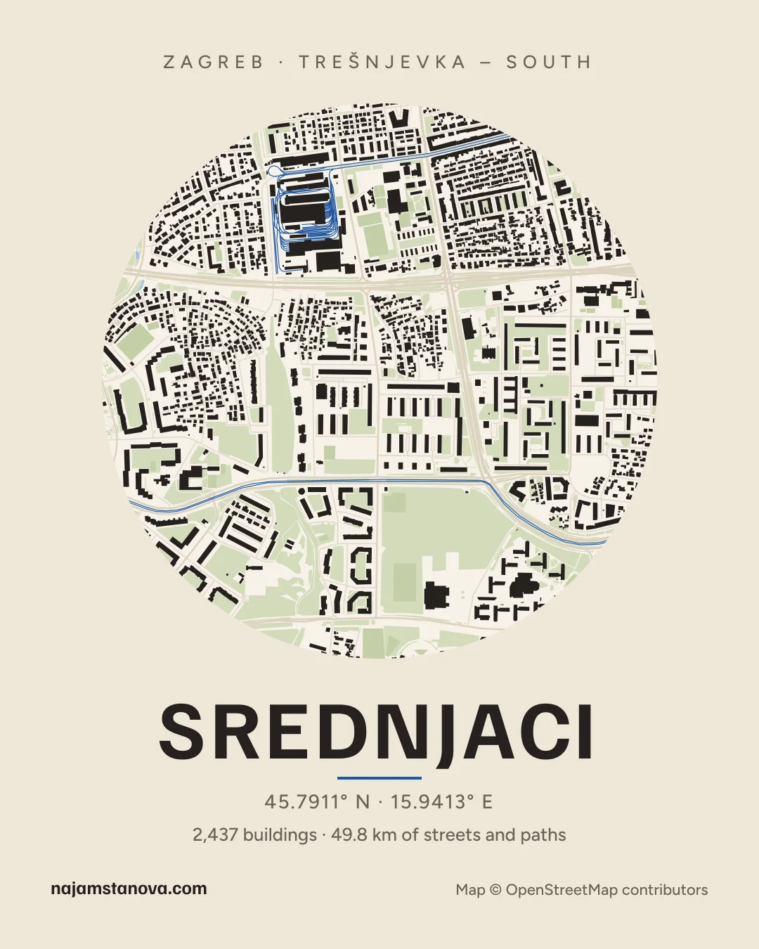 Map of Srednjaci in the “Paper” style: buildings, streets, parks and water within 900 m