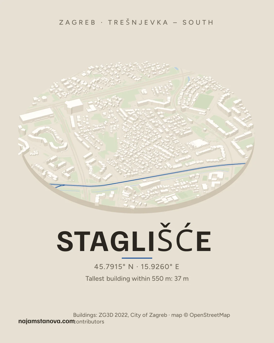 Map of Staglišće in the “Drone” style: buildings, streets, parks and water within 900 m