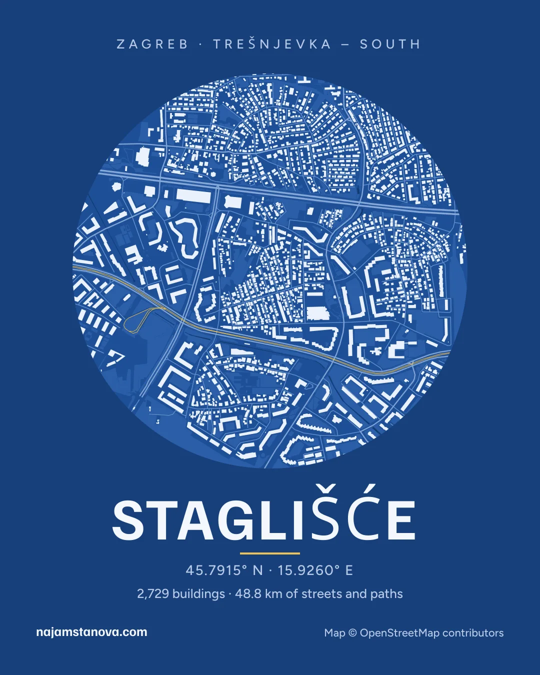 Map of Staglišće in the “Blueprint” style: buildings, streets, parks and water within 900 m