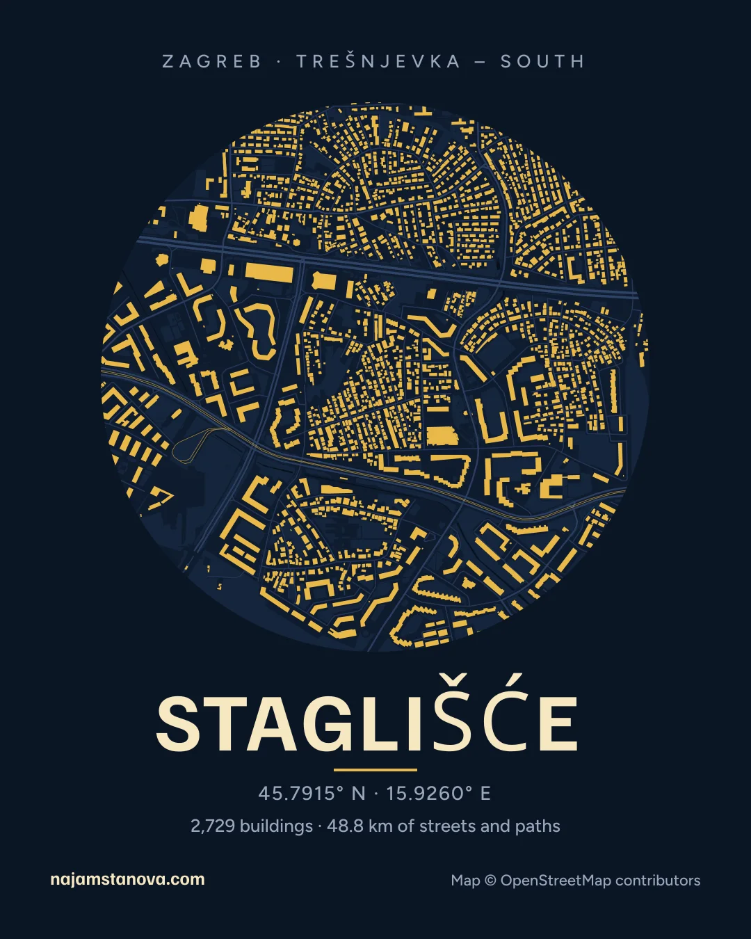 Map of Staglišće in the “Night” style: buildings, streets, parks and water within 900 m
