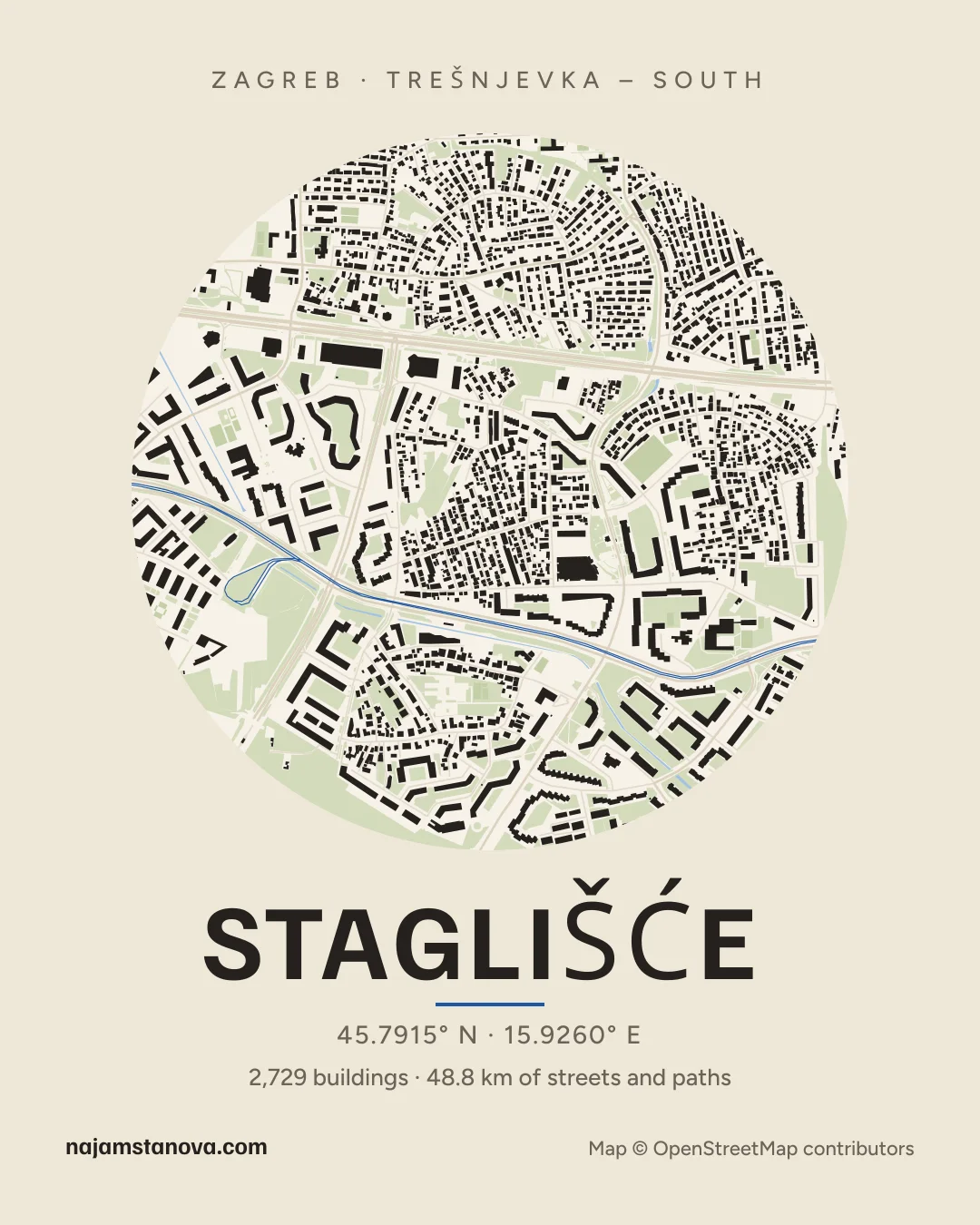Map of Staglišće in the “Paper” style: buildings, streets, parks and water within 900 m