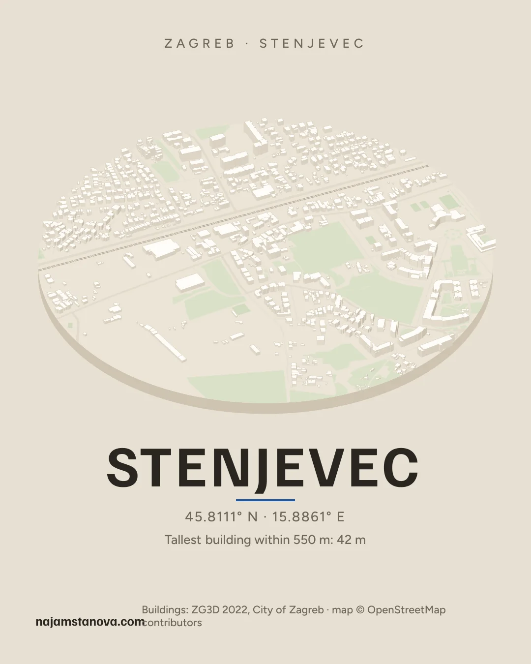 Map of Stenjevec in the “Drone” style: buildings, streets, parks and water within 900 m