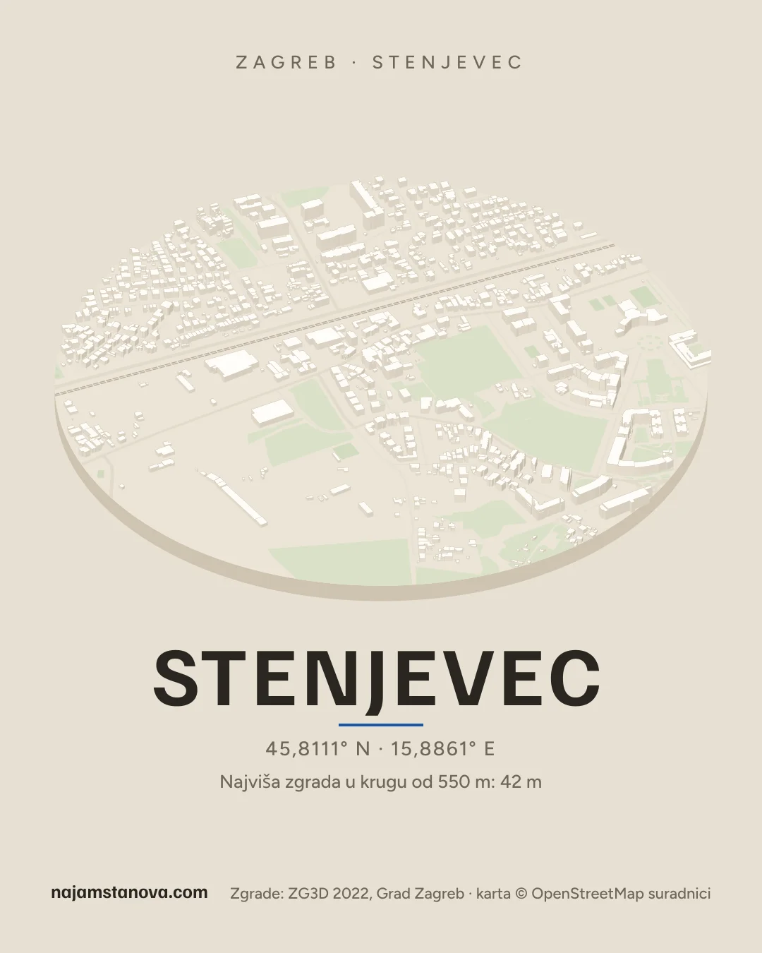 Karta kvarta Stenjevec u stilu „Dron”: zgrade, ulice, parkovi i vode u krugu od 900 m