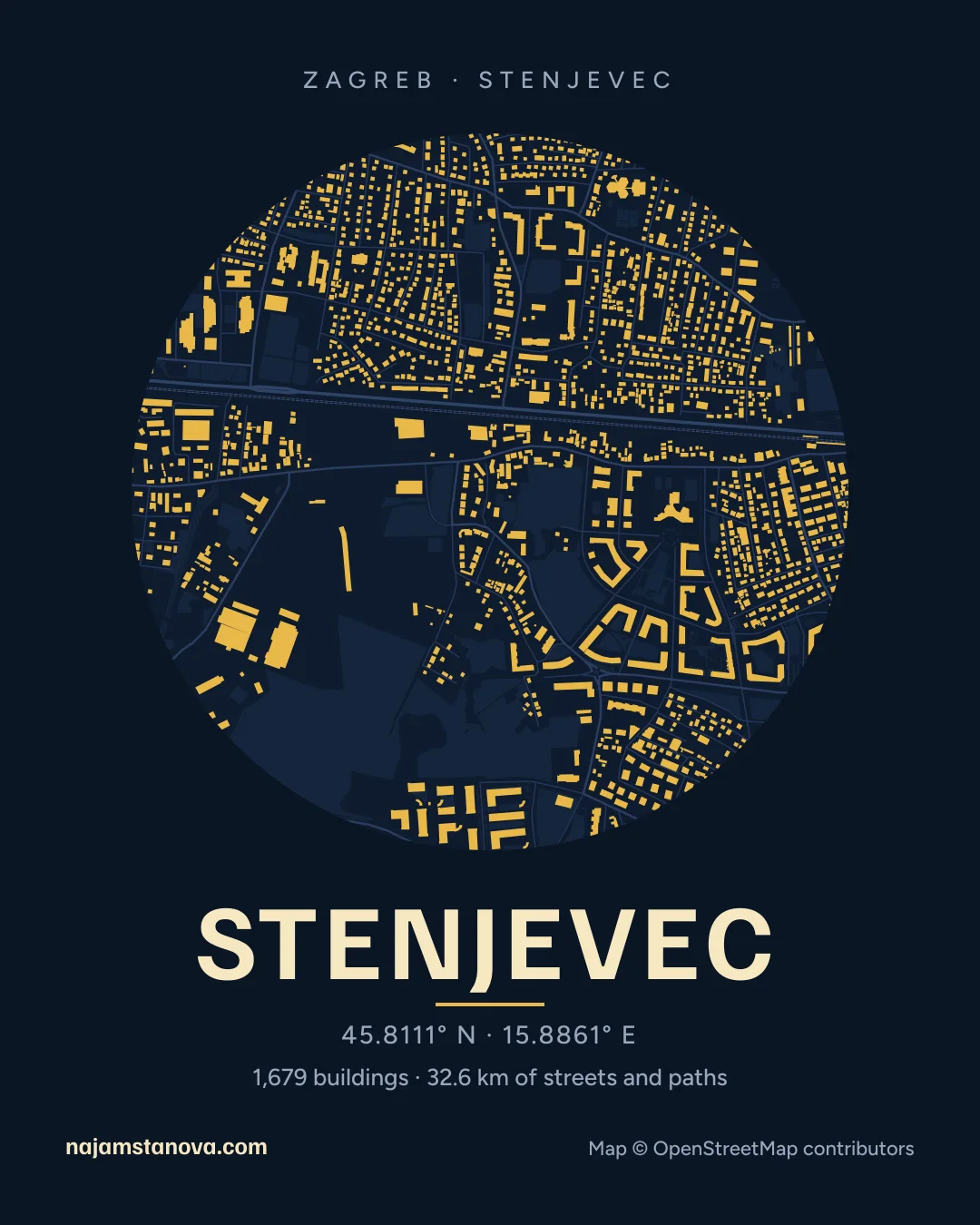 Map of Stenjevec in the “Night” style: buildings, streets, parks and water within 900 m
