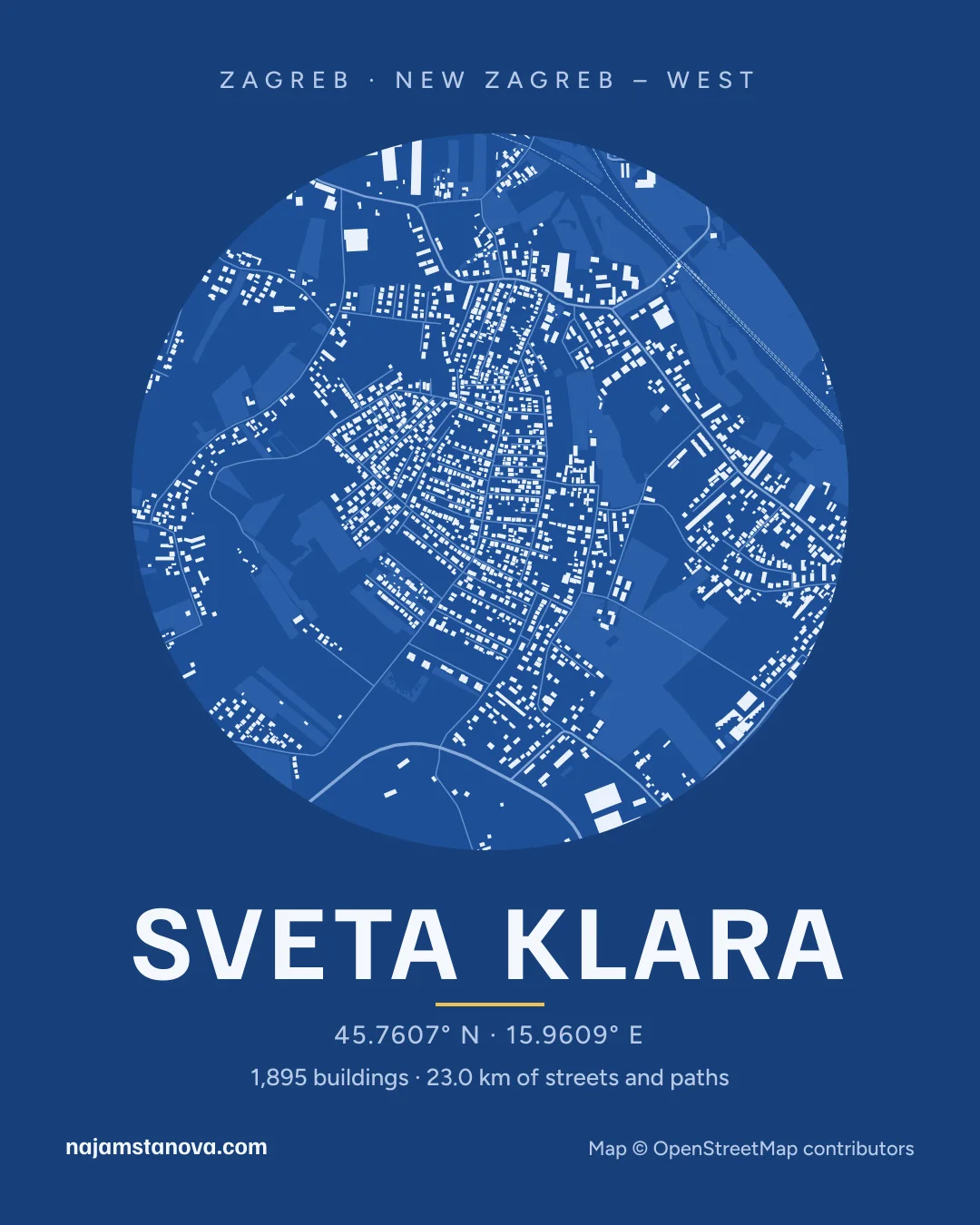 Map of Sveta Klara in the “Blueprint” style: buildings, streets, parks and water within 900 m