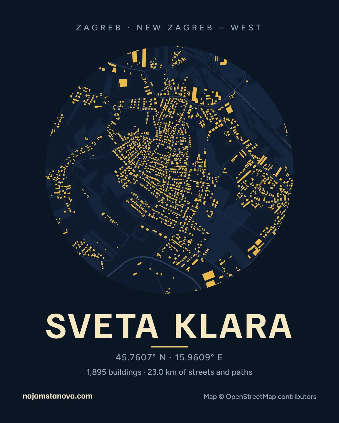 Map of Sveta Klara in the “Night” style: buildings, streets, parks and water within 900 m