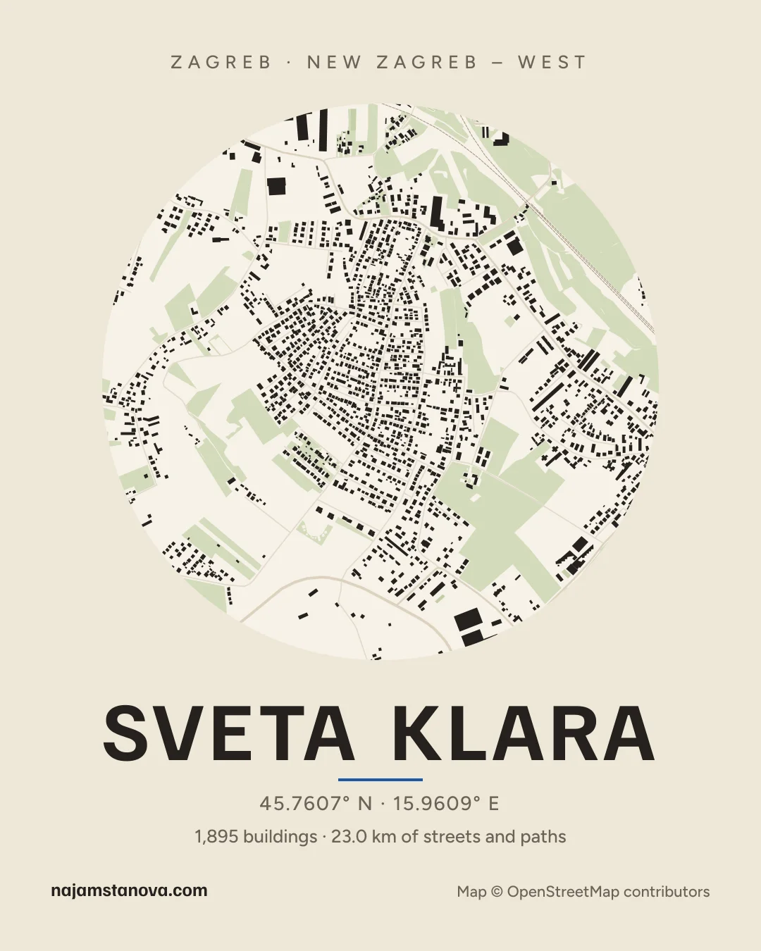 Map of Sveta Klara in the “Paper” style: buildings, streets, parks and water within 900 m