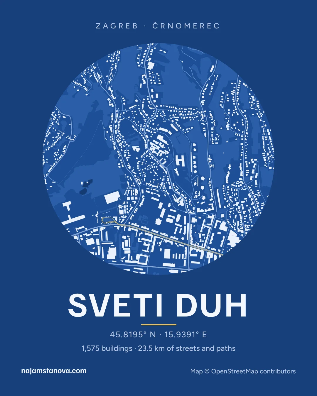 Map of Sveti Duh in the “Blueprint” style: buildings, streets, parks and water within 900 m
