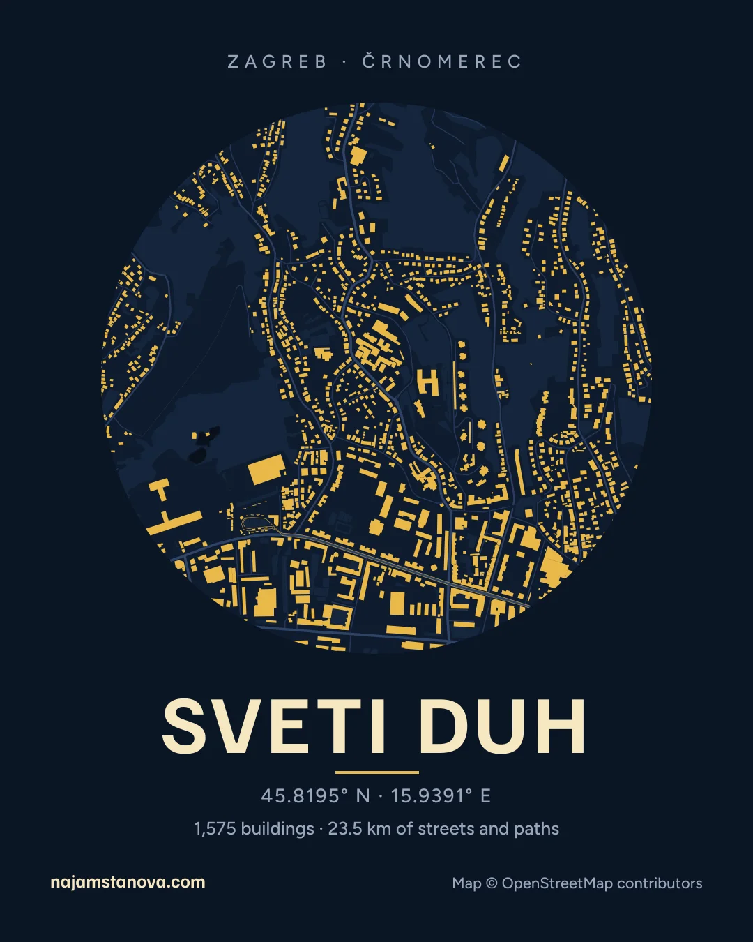 Map of Sveti Duh in the “Night” style: buildings, streets, parks and water within 900 m