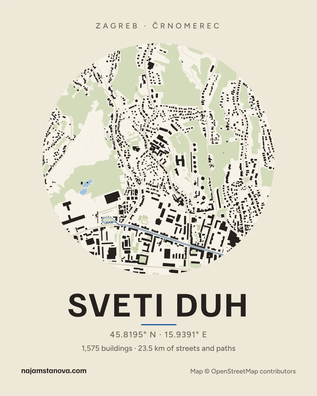 Map of Sveti Duh in the “Paper” style: buildings, streets, parks and water within 900 m