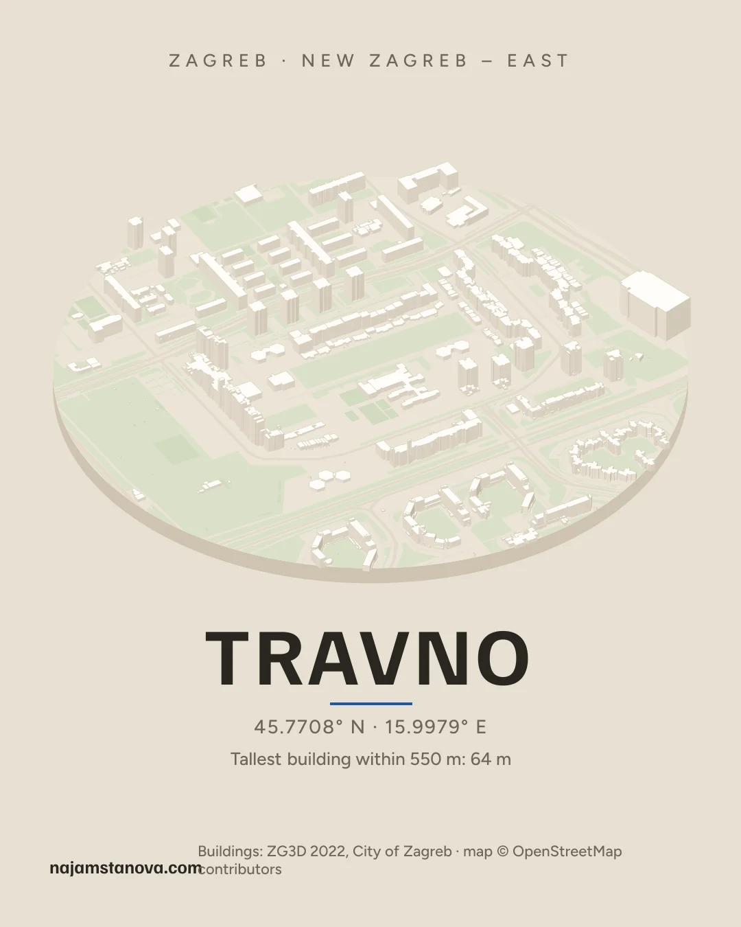 Map of Travno in the “Drone” style: buildings, streets, parks and water within 900 m