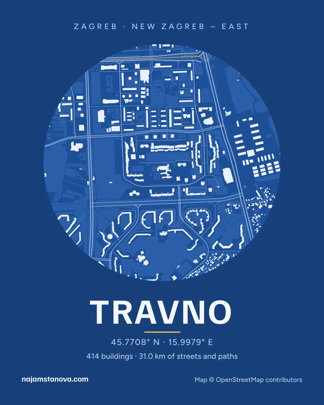 Map of Travno in the “Blueprint” style: buildings, streets, parks and water within 900 m