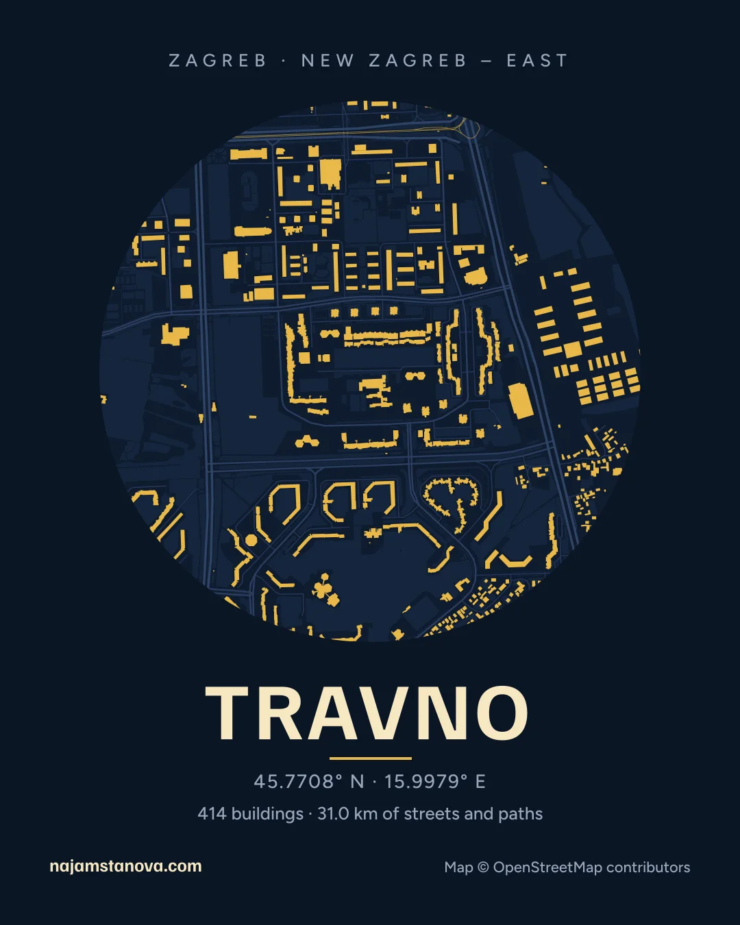 Map of Travno in the “Night” style: buildings, streets, parks and water within 900 m