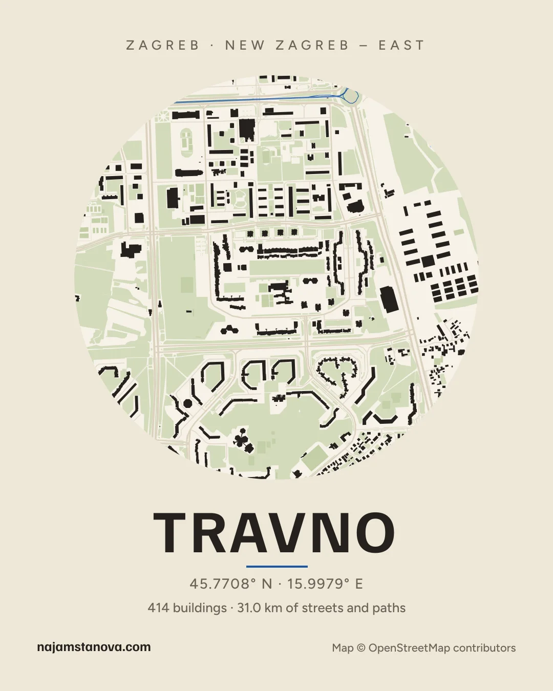 Map of Travno in the “Paper” style: buildings, streets, parks and water within 900 m