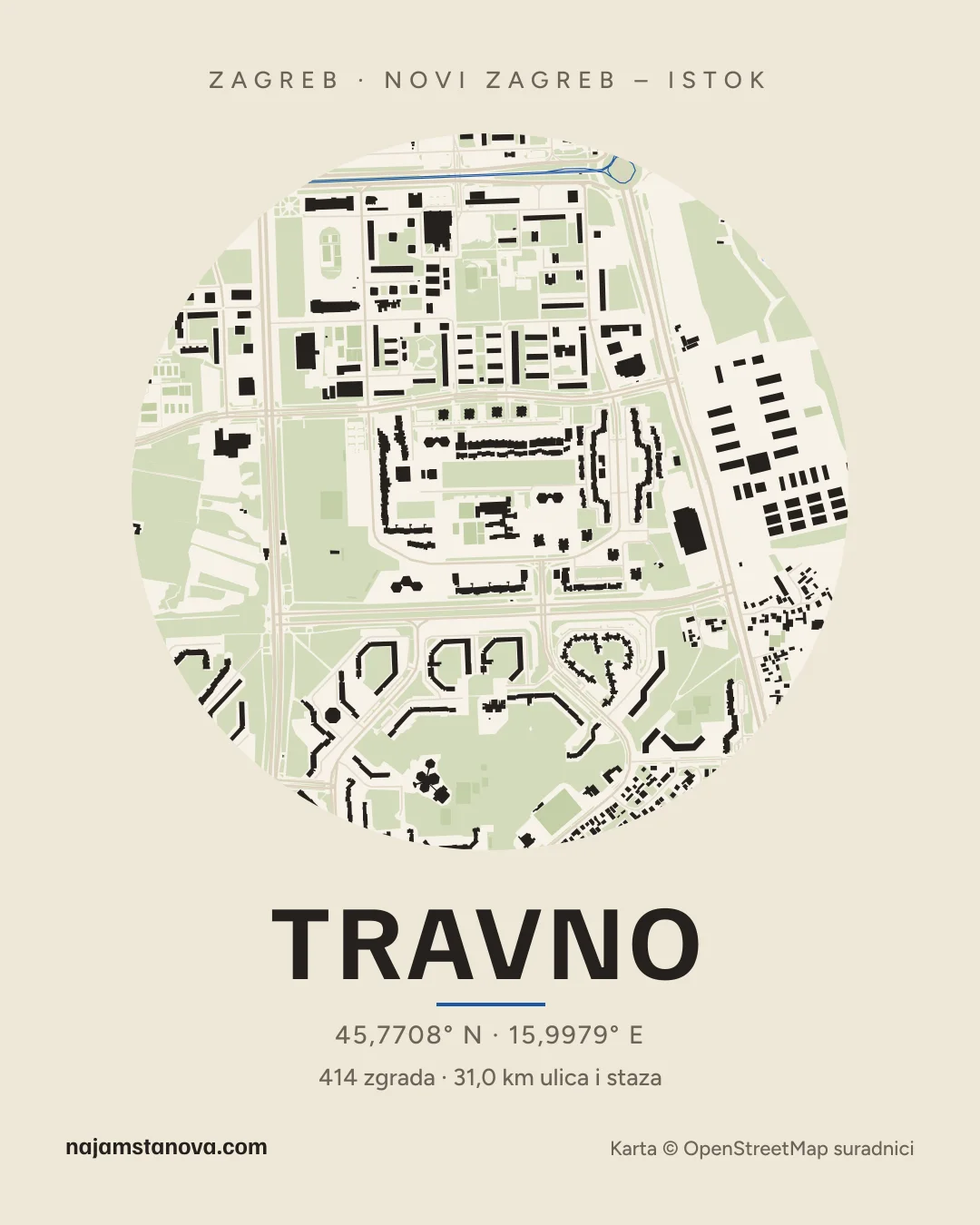 Karta kvarta Travno u stilu „Papir”: zgrade, ulice, parkovi i vode u krugu od 900 m
