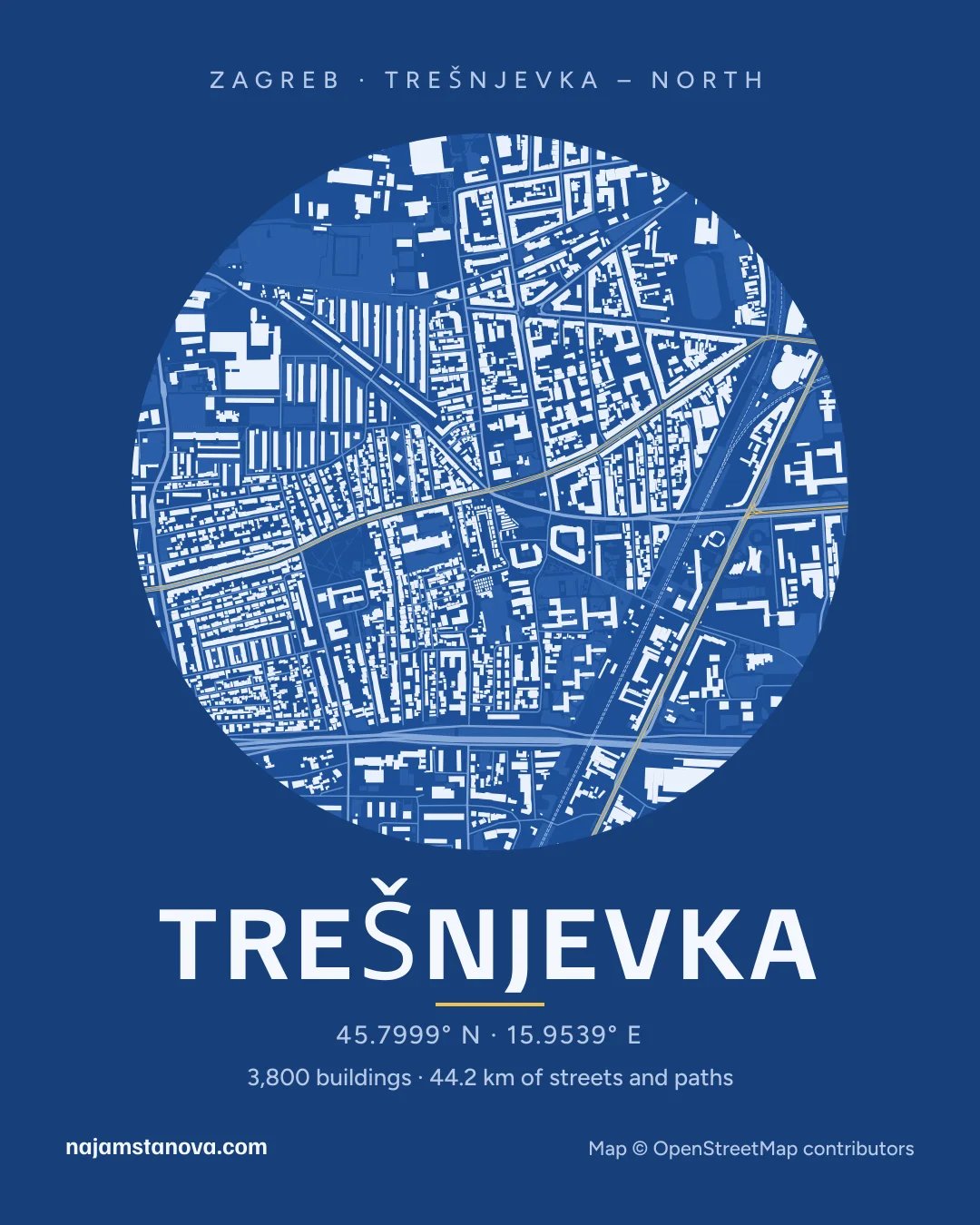 Map of Trešnjevka in the “Blueprint” style: buildings, streets, parks and water within 900 m