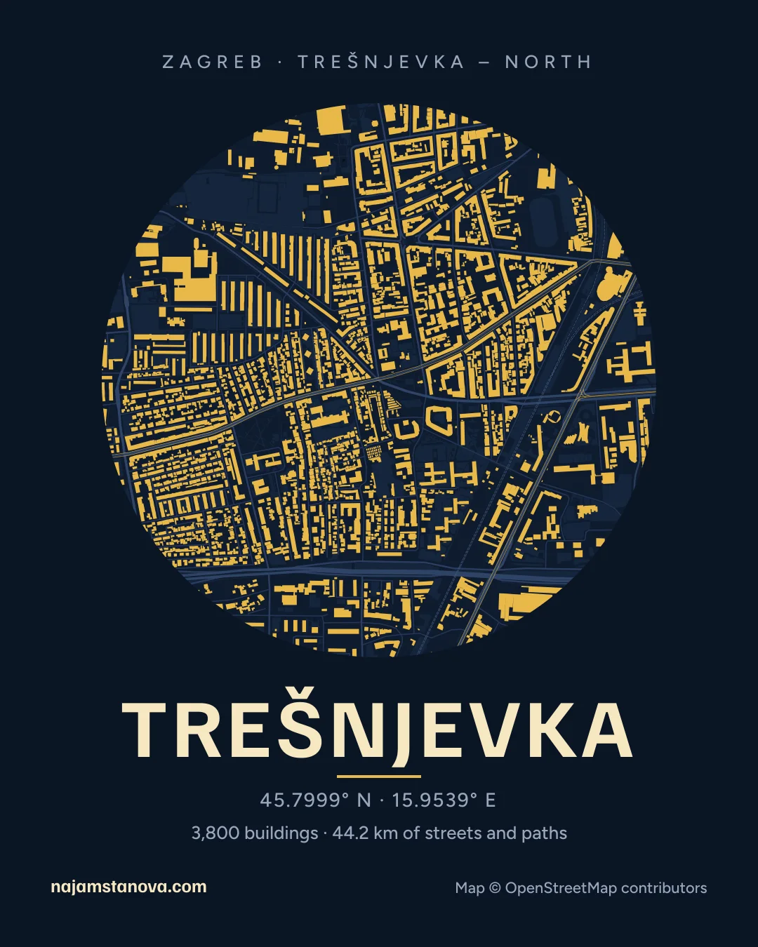 Map of Trešnjevka in the “Night” style: buildings, streets, parks and water within 900 m