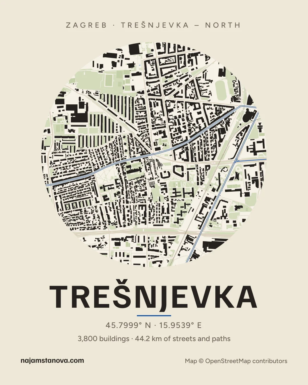Map of Trešnjevka in the “Paper” style: buildings, streets, parks and water within 900 m