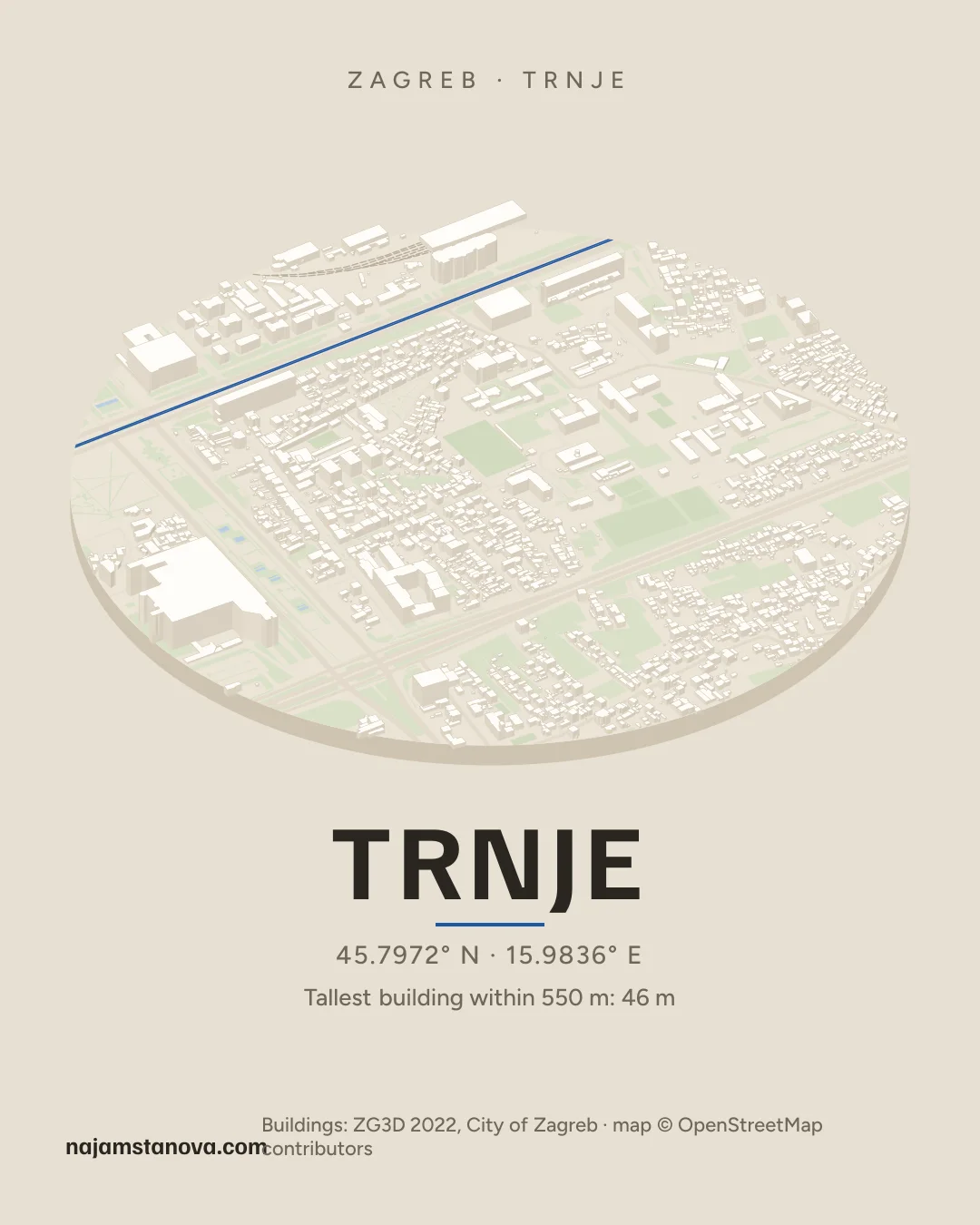 Map of Trnje in the “Drone” style: buildings, streets, parks and water within 900 m