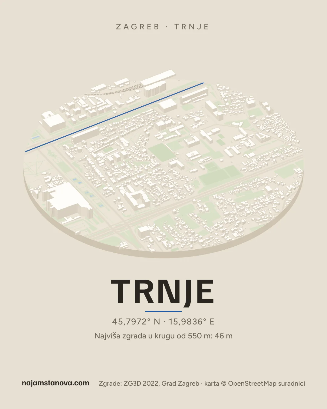 Karta kvarta Trnje u stilu „Dron”: zgrade, ulice, parkovi i vode u krugu od 900 m
