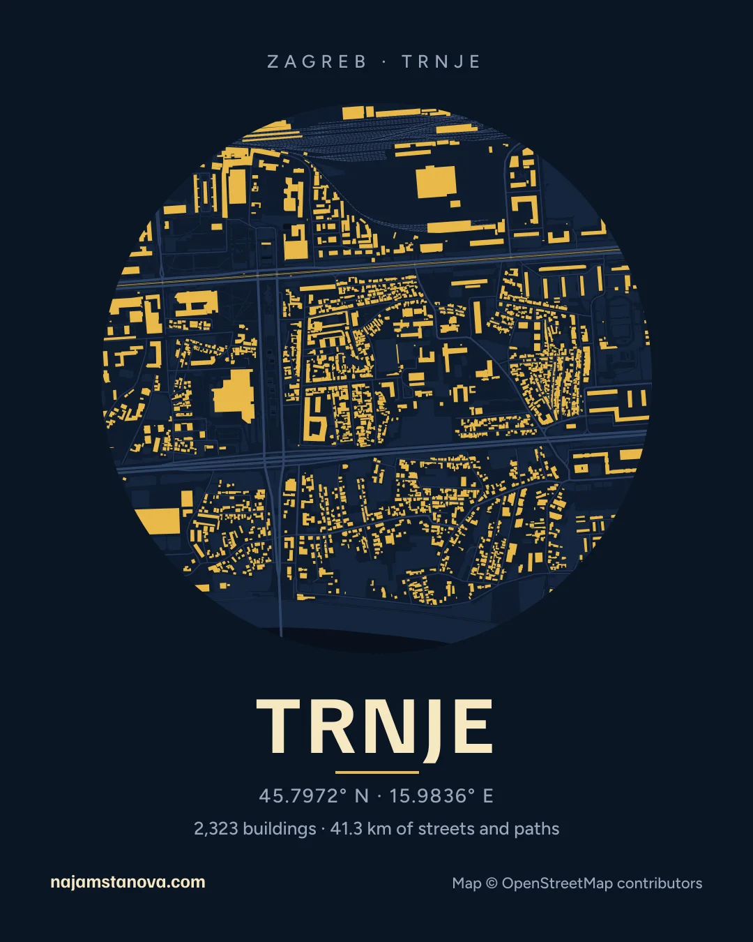Map of Trnje in the “Night” style: buildings, streets, parks and water within 900 m