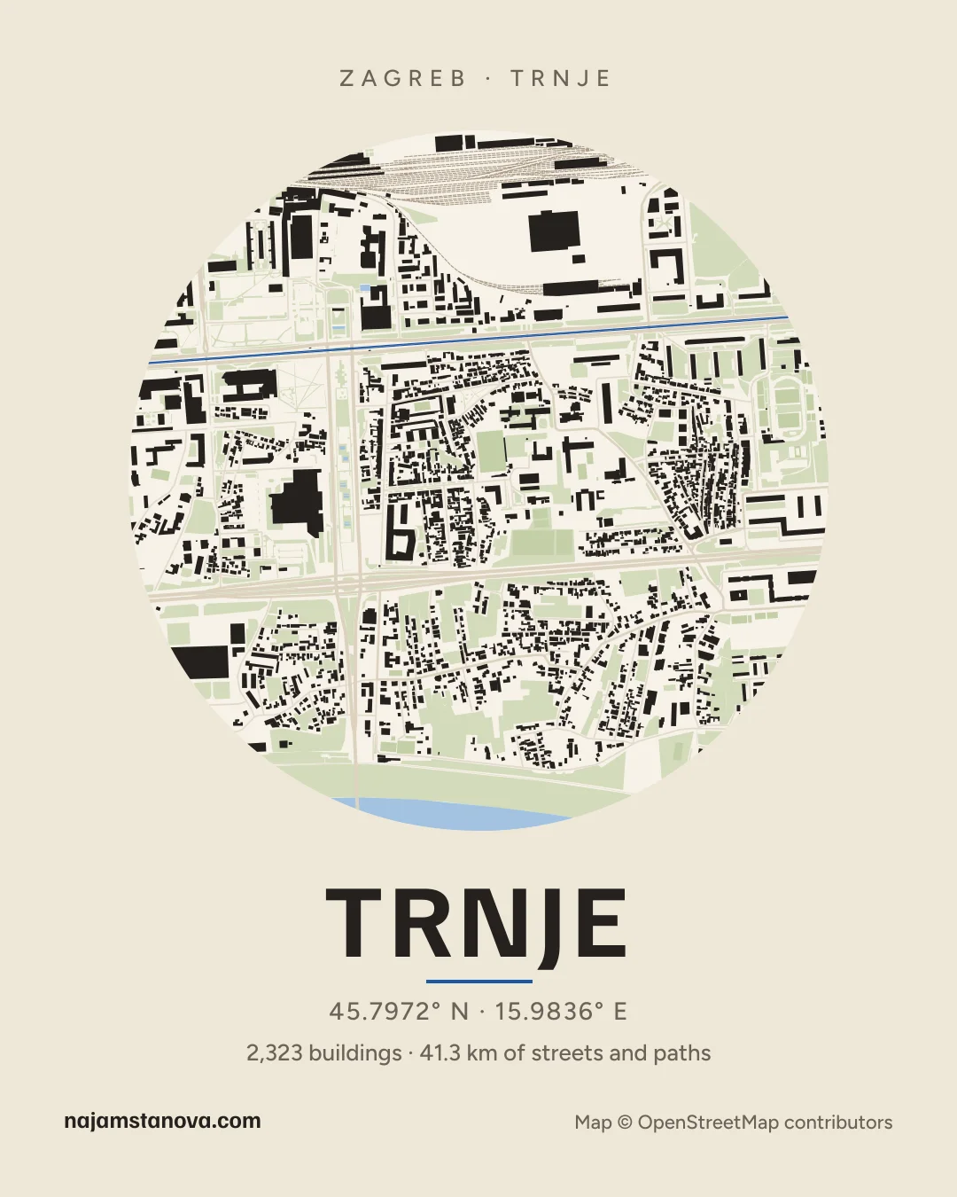 Map of Trnje in the “Paper” style: buildings, streets, parks and water within 900 m