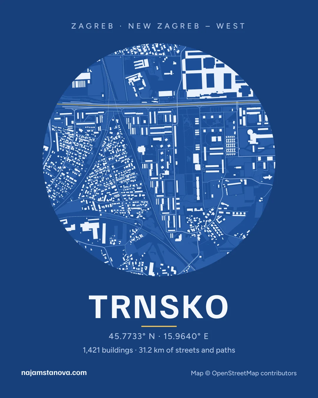 Map of Trnsko in the “Blueprint” style: buildings, streets, parks and water within 900 m
