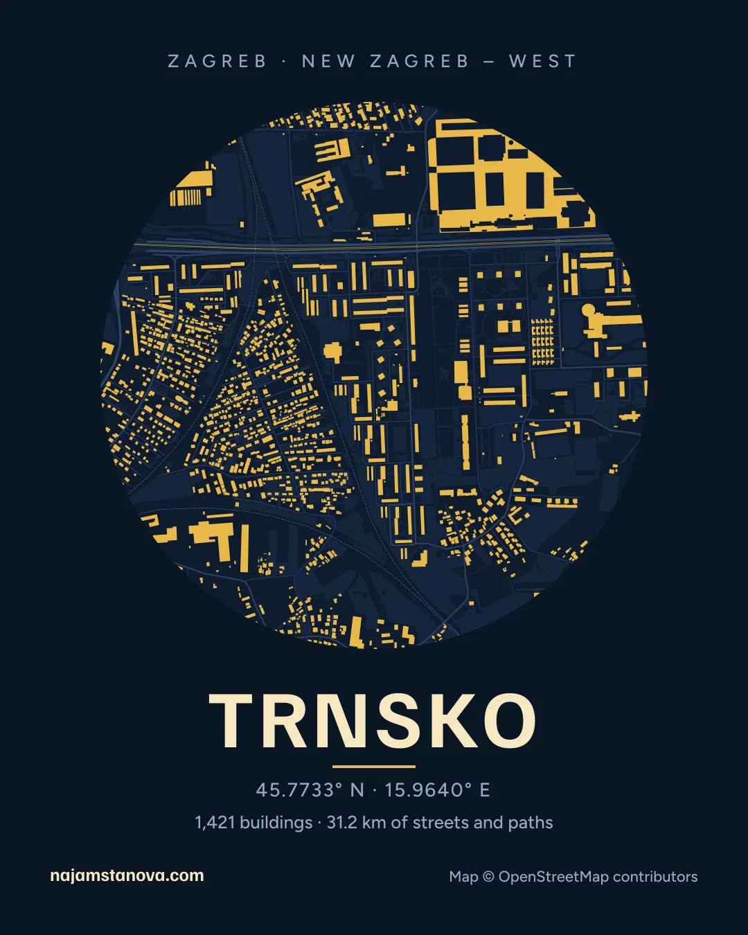 Map of Trnsko in the “Night” style: buildings, streets, parks and water within 900 m