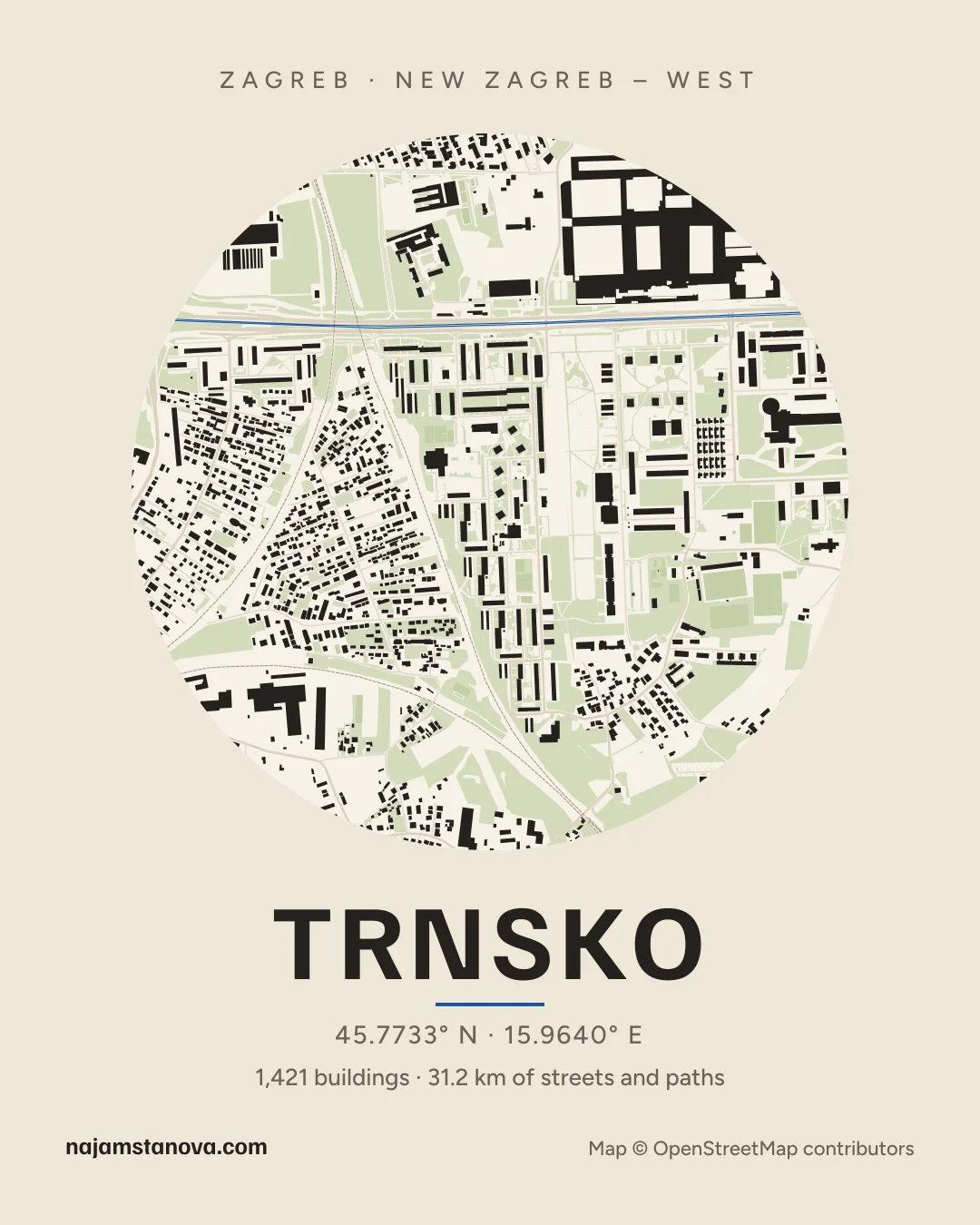 Map of Trnsko in the “Paper” style: buildings, streets, parks and water within 900 m