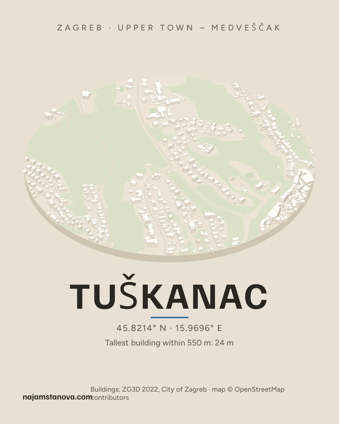 Map of Tuškanac in the “Drone” style: buildings, streets, parks and water within 900 m