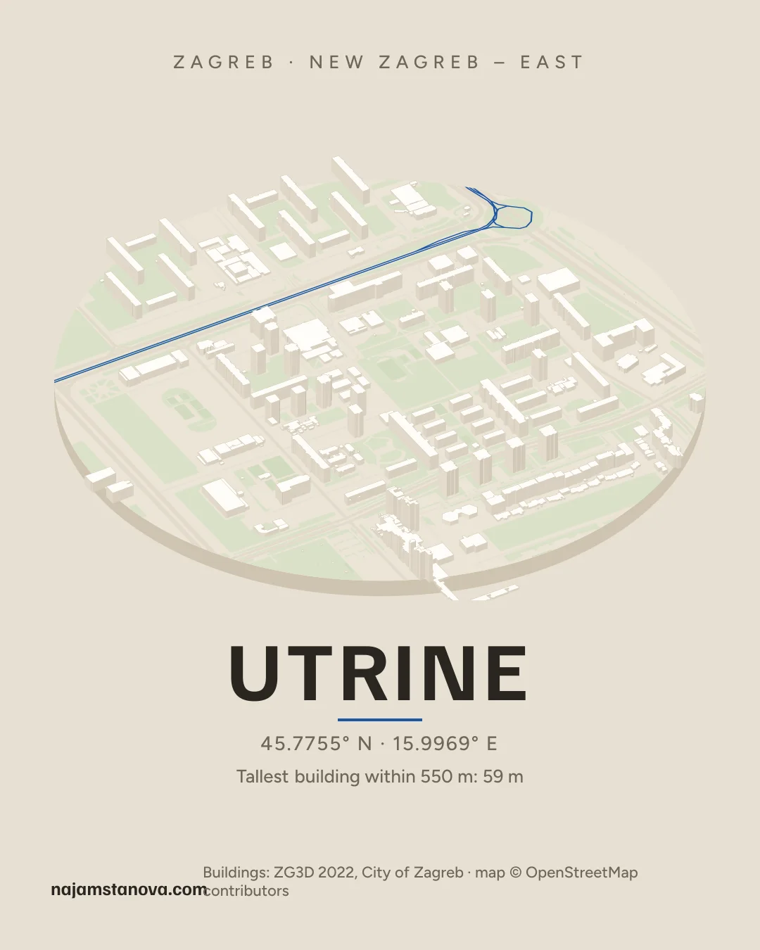 Map of Utrine in the “Drone” style: buildings, streets, parks and water within 900 m