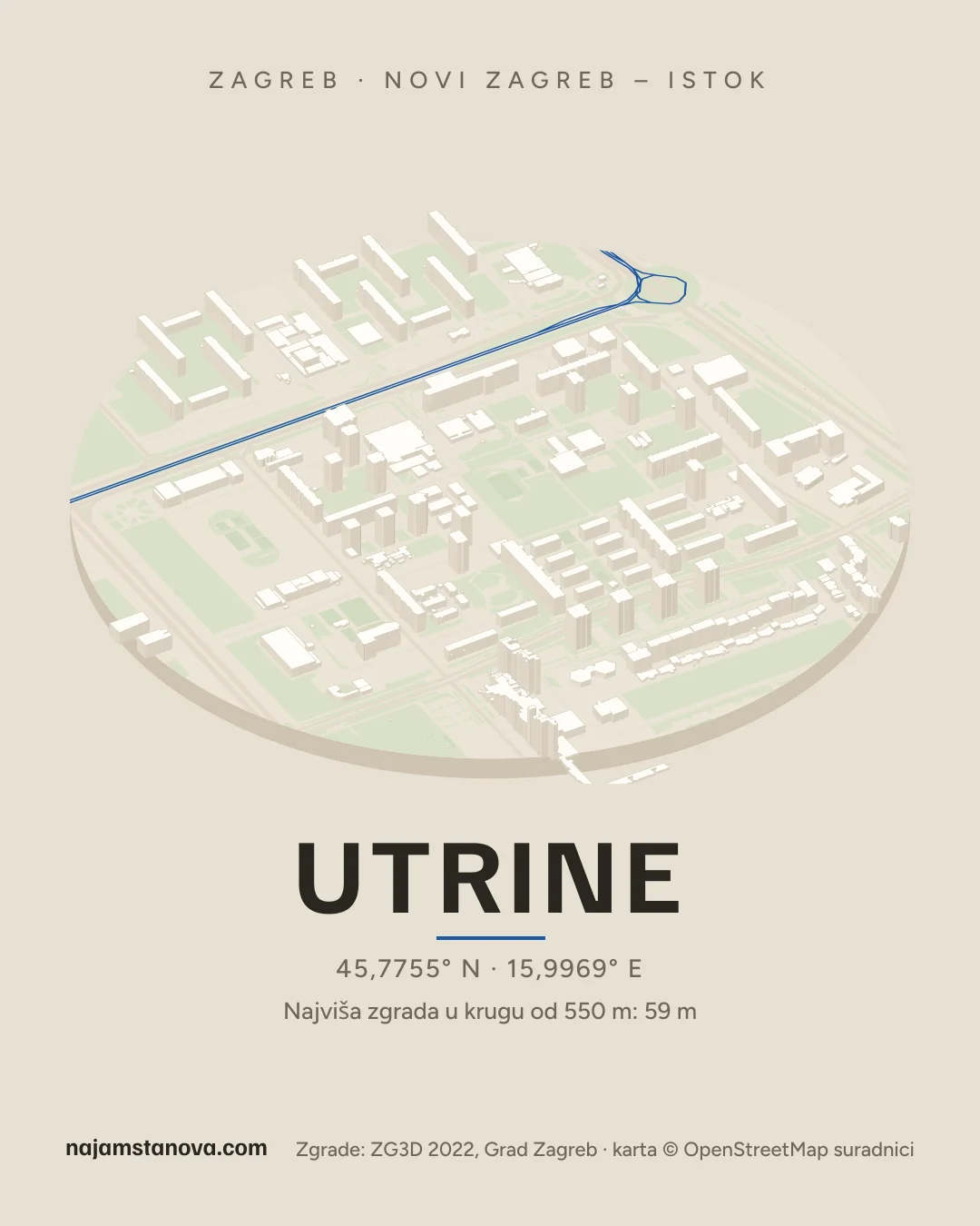 Karta kvarta Utrine u stilu „Dron”: zgrade, ulice, parkovi i vode u krugu od 900 m