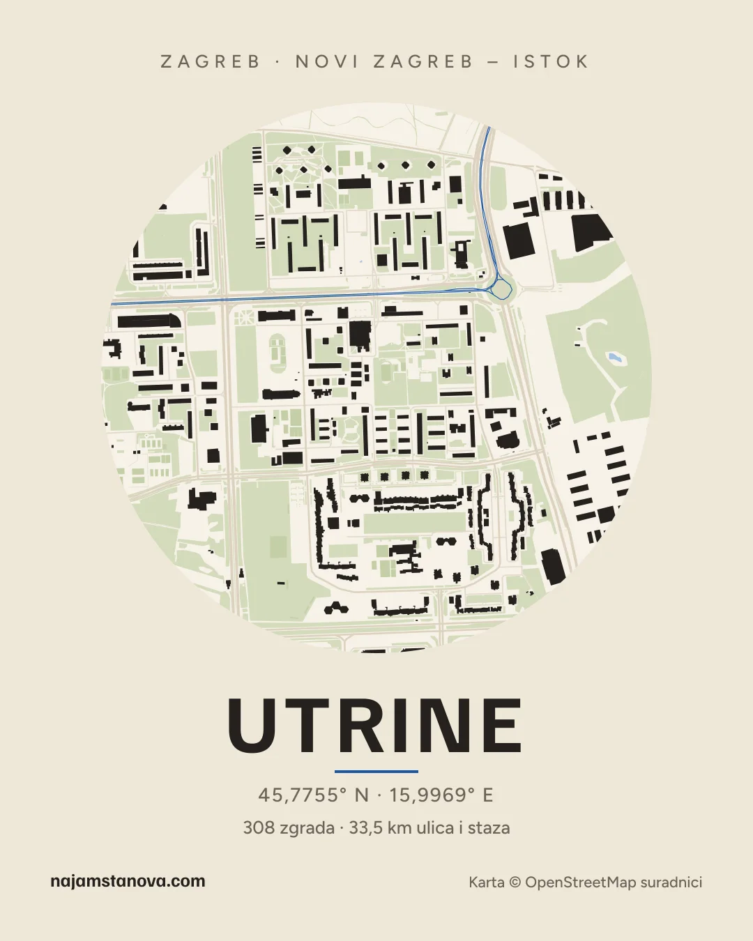 Karta kvarta Utrine u stilu „Papir”: zgrade, ulice, parkovi i vode u krugu od 900 m