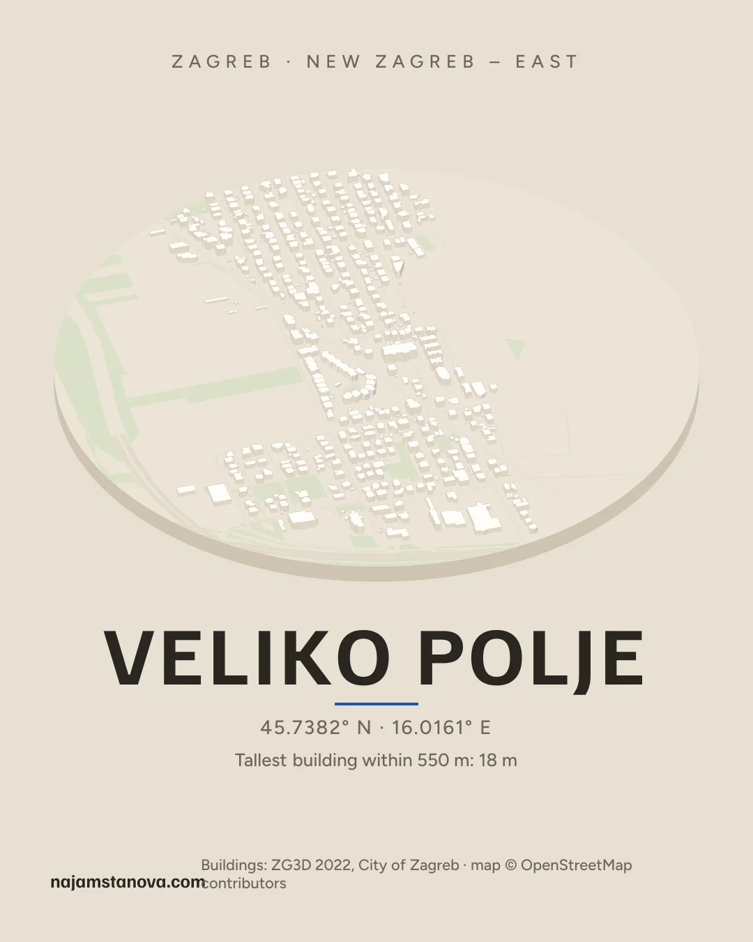 Map of Veliko Polje in the “Drone” style: buildings, streets, parks and water within 900 m