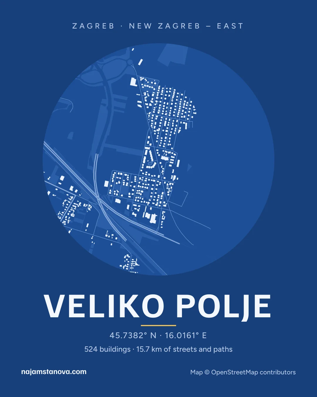 Map of Veliko Polje in the “Blueprint” style: buildings, streets, parks and water within 900 m