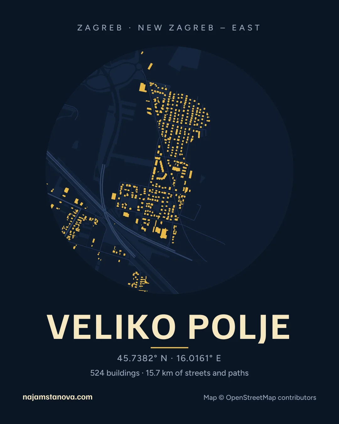 Map of Veliko Polje in the “Night” style: buildings, streets, parks and water within 900 m