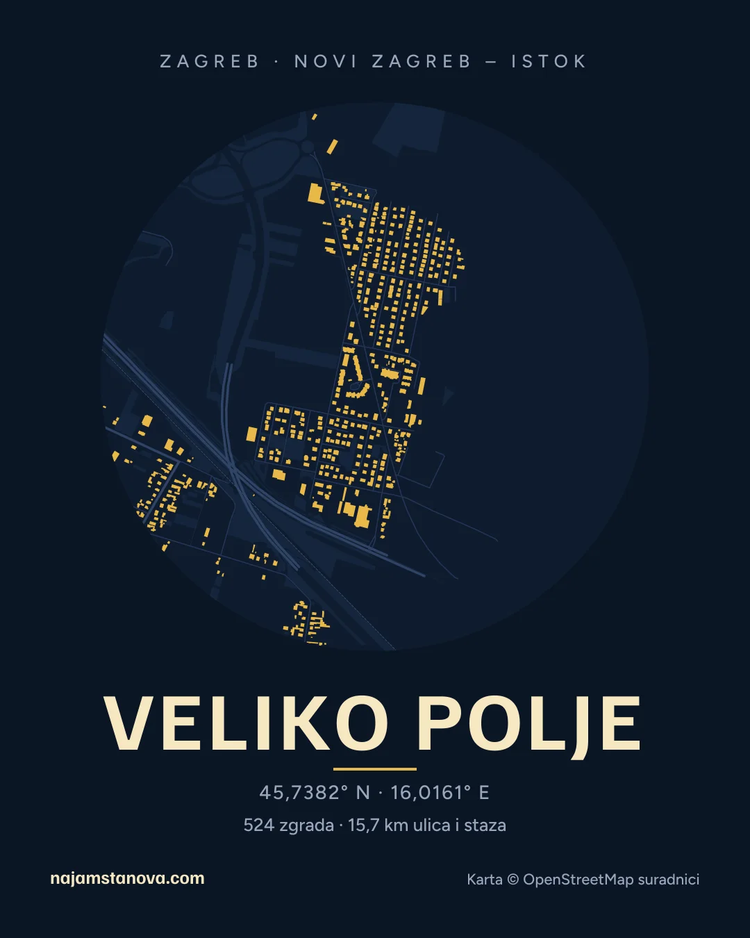 Karta kvarta Veliko Polje u stilu „Noć”: zgrade, ulice, parkovi i vode u krugu od 900 m