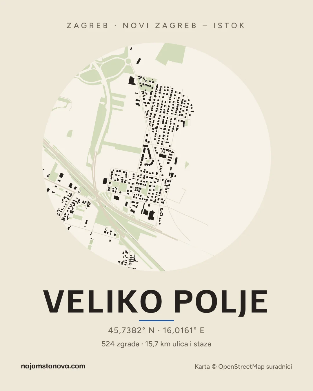 Karta kvarta Veliko Polje u stilu „Papir”: zgrade, ulice, parkovi i vode u krugu od 900 m