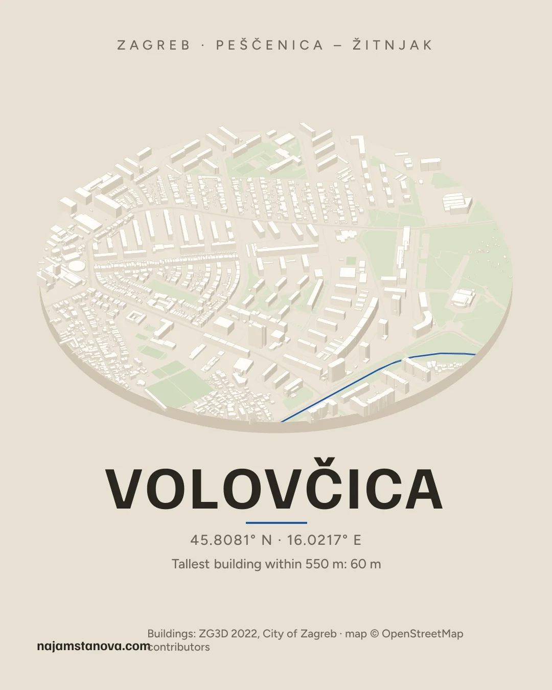 Map of Volovčica in the “Drone” style: buildings, streets, parks and water within 900 m