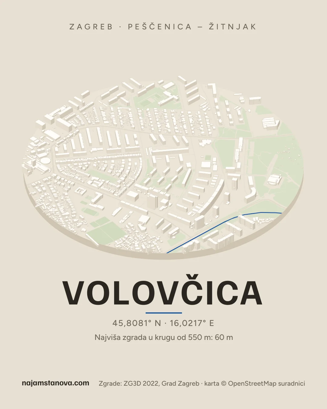 Karta kvarta Volovčica u stilu „Dron”: zgrade, ulice, parkovi i vode u krugu od 900 m