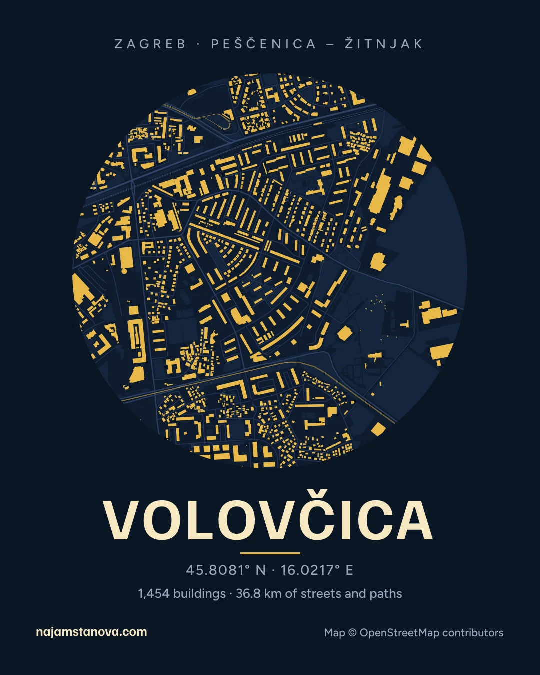Map of Volovčica in the “Night” style: buildings, streets, parks and water within 900 m