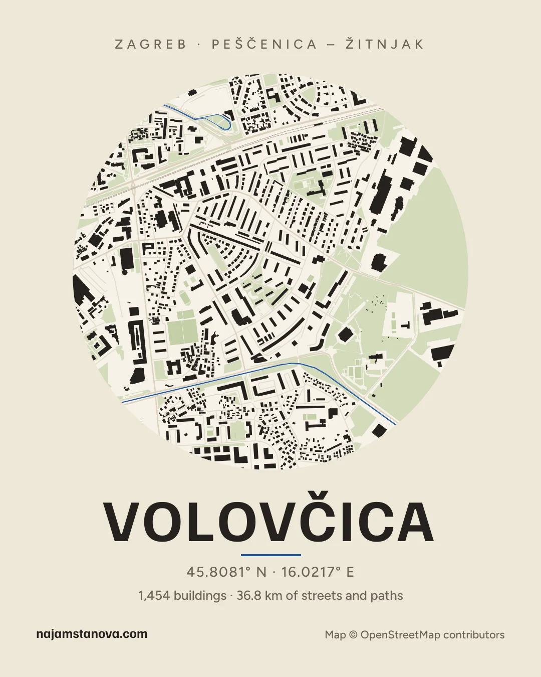 Map of Volovčica in the “Paper” style: buildings, streets, parks and water within 900 m