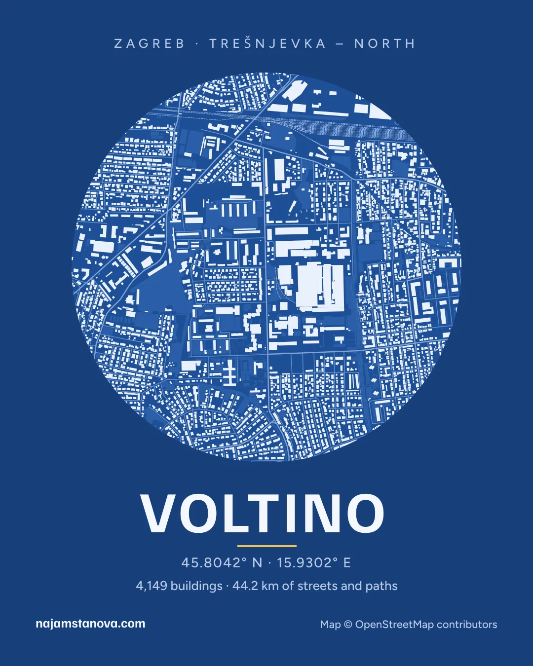 Map of Voltino in the “Blueprint” style: buildings, streets, parks and water within 900 m