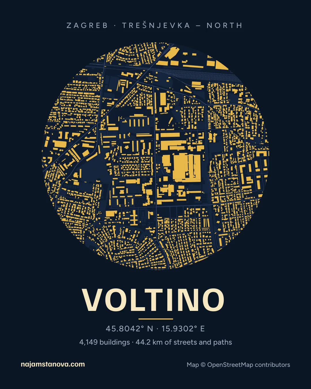 Map of Voltino in the “Night” style: buildings, streets, parks and water within 900 m