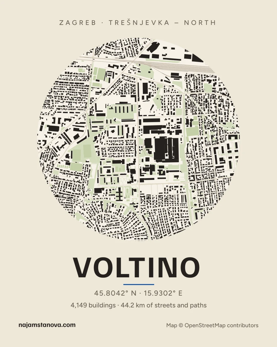 Map of Voltino in the “Paper” style: buildings, streets, parks and water within 900 m