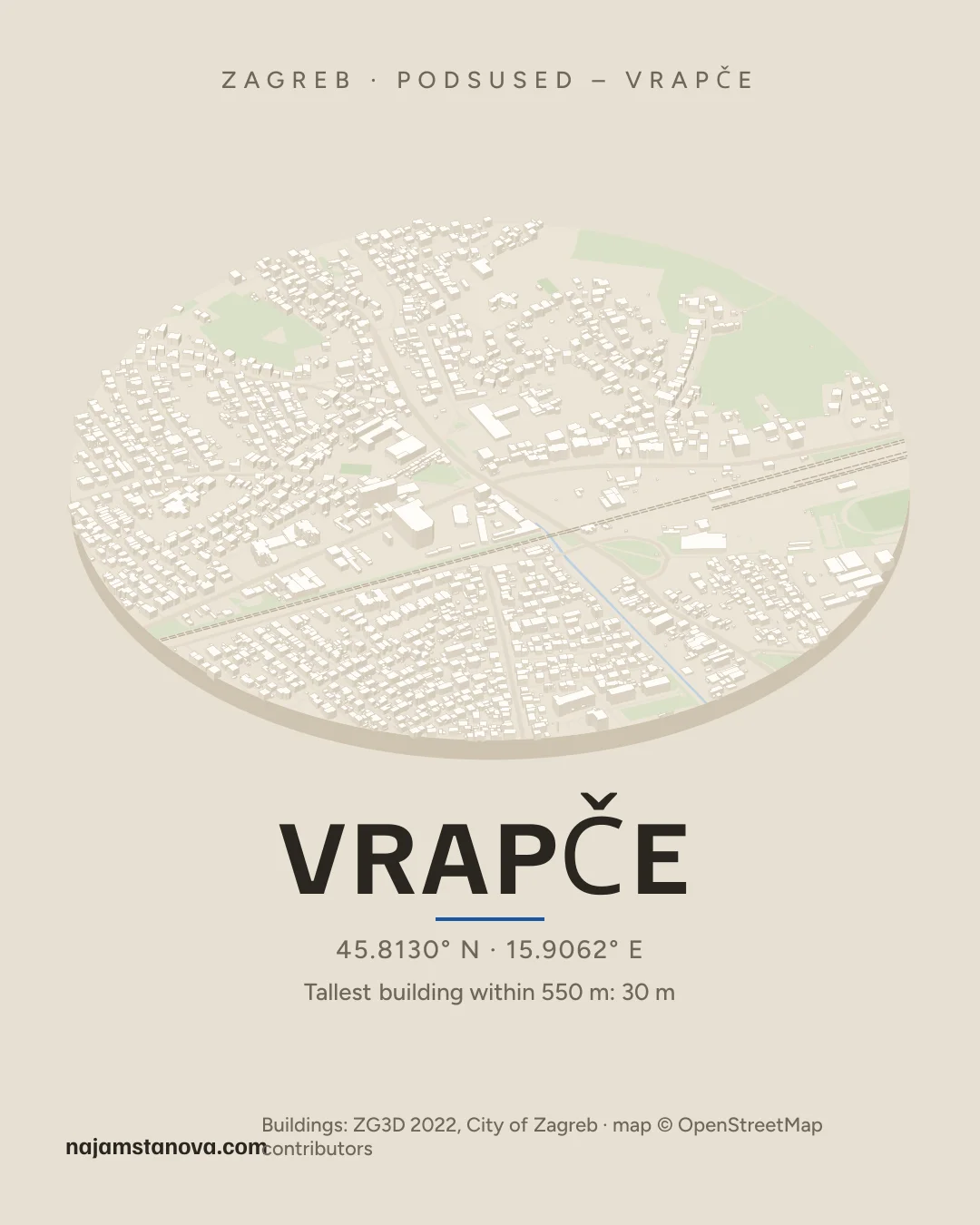 Map of Vrapče in the “Drone” style: buildings, streets, parks and water within 900 m