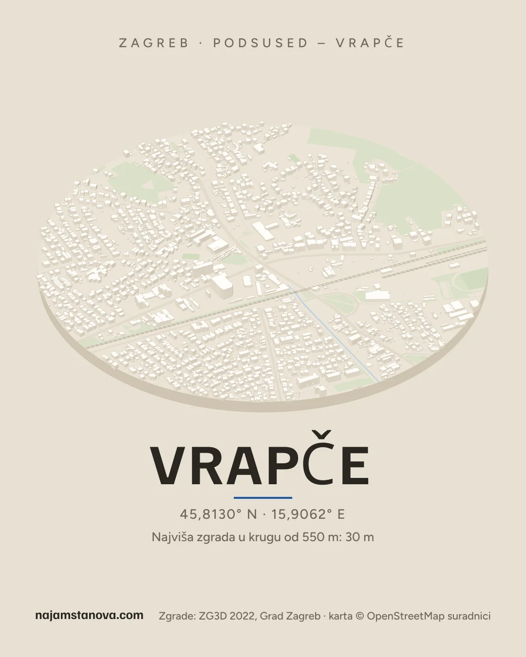 Karta kvarta Vrapče u stilu „Dron”: zgrade, ulice, parkovi i vode u krugu od 900 m