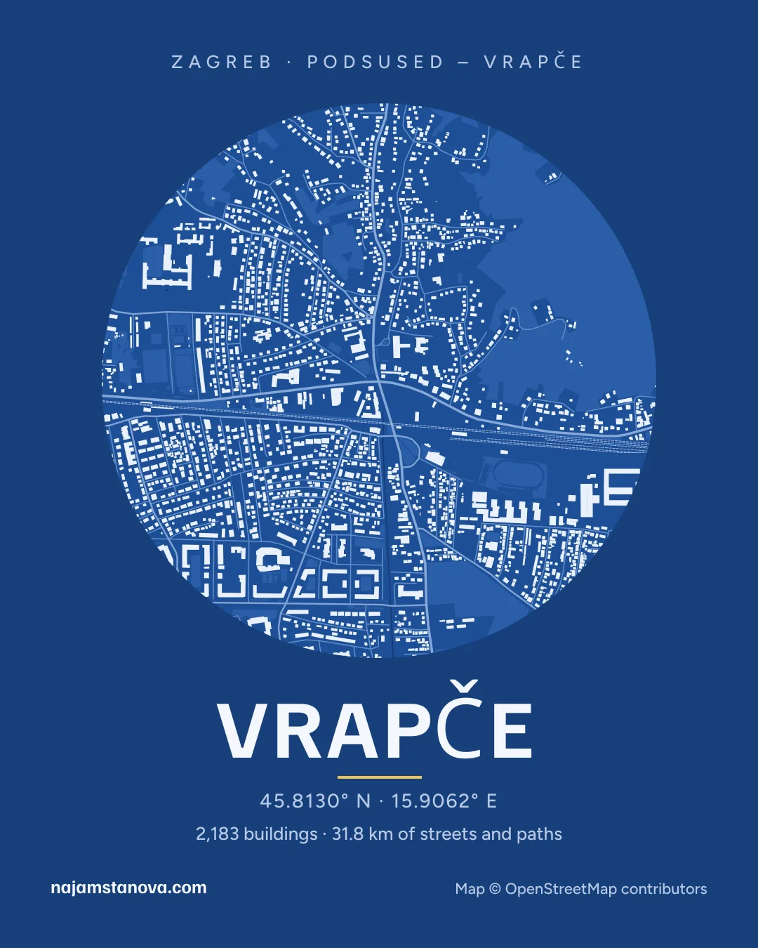 Map of Vrapče in the “Blueprint” style: buildings, streets, parks and water within 900 m