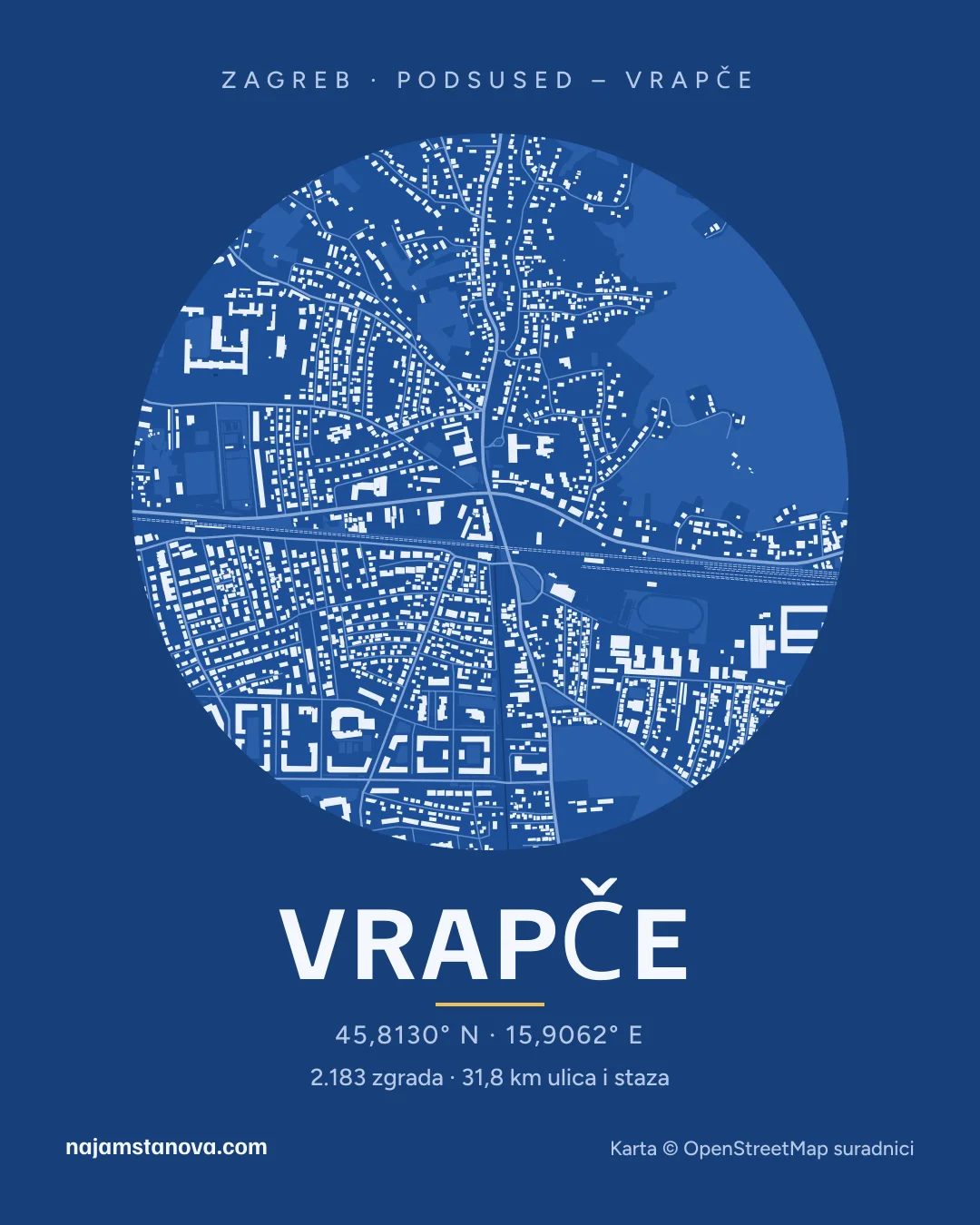 Karta kvarta Vrapče u stilu „Nacrt”: zgrade, ulice, parkovi i vode u krugu od 900 m