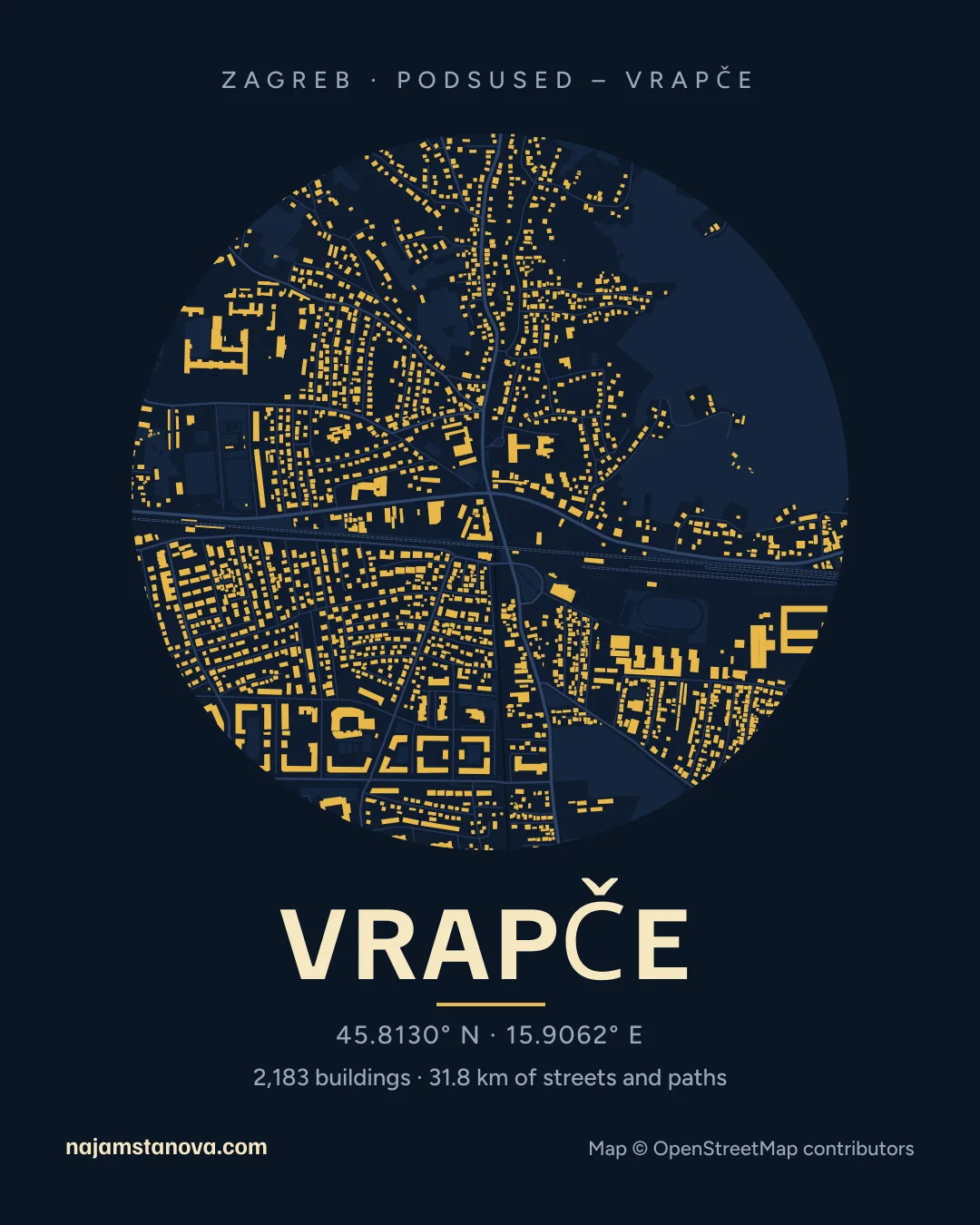 Map of Vrapče in the “Night” style: buildings, streets, parks and water within 900 m